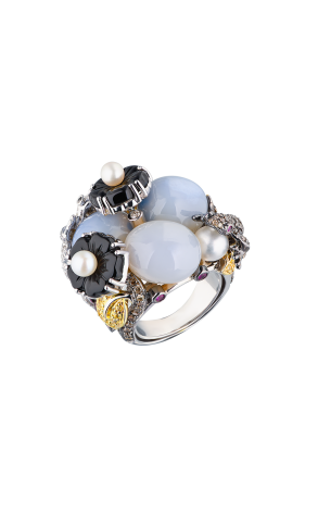 Кольцо  Diamonds & Sapphire & Chalcedony & Onyx & Pearls & White Gold (39556)