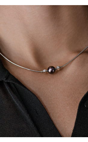 Колье Mikimoto Black Pearl 9 mm & 2 Round Diamonds & White Gold (41750) №4