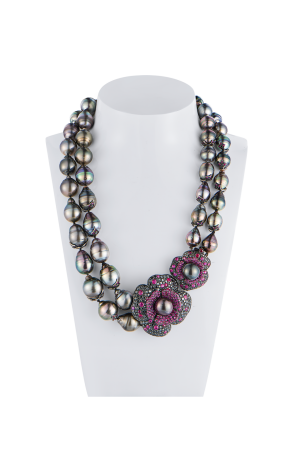 Колье Paolo Piovan 2 Flowers in Black Diamonds & Rubies & Tahitian Baroque Pearl (42716)