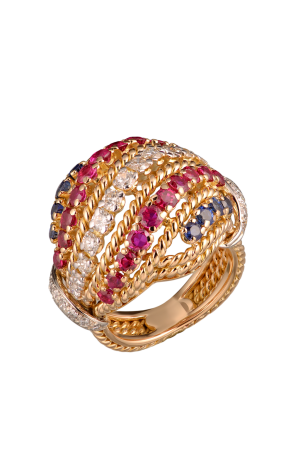 Кольцо Cartier Vintage Yellow Gold Diamond Ruby Sapphire Dome (36674)