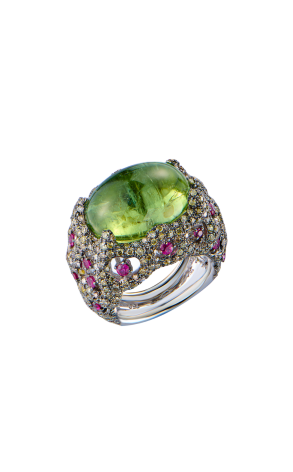 Кольцо  Chrysolite & Diamonds & Red Topaz & White Gold (43453)