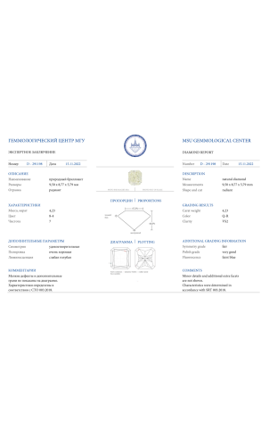 Кольцо  4,23 ct Q-R/VS2 Radiant Cut Platinum (36393) №2