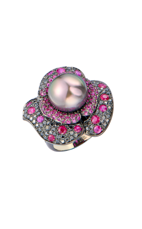 Кольцо Paolo Piovan Flower in Black Diamonds & Rubies & Tahitian Pearl (42714)