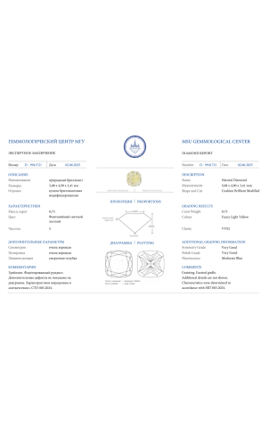 Пусеты  0,73 ct - 0,74 ct Natural Fancy Light Yellow/VS2 Cushion Cut Diamonds (40794) №3