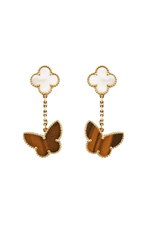 Серьги Van Cleef & Arpels Lucky Alhambra 2 motifs yellow gold, Mother-of-pearl, Tiger Eye VCARD79800 (41014)