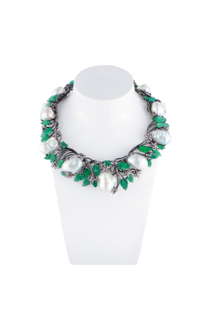 Колье  Baroque Pearl & Natural Emerald & Diamonds & Black Gold (42540)