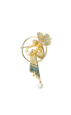 Брошь Masriera Golden Fairy Winged nymphs Yellow Gold & Pearl & Enamel (41452)