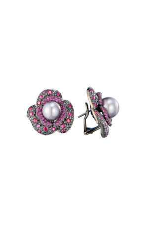 Серьги Paolo Piovan Flower in Black Diamonds & Rubies & Tahitian Pearl (42713)