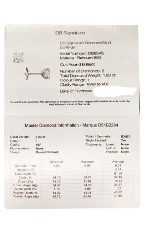 Пусеты De Beers Signature Diamond Stud 0.82 I/VS2 - 0.81 I/VVS2 ct DB554S (36332) №2