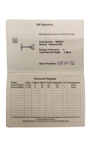 Пусеты De Beers Signature Diamond Stud 0.75 G/SI1 - 0.73 G/SI2 ct DB187V (39276) №2
