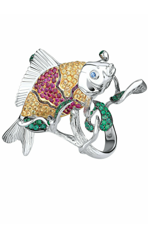 Кольцо  Gold Fish Ring with Multicolored Stones (13586)