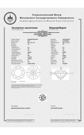 Кольцо  с бриллиантом 1,03 ct H/VVS2 (14363) №2