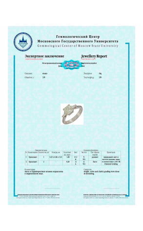 Кольцо  с бриллиантом 1,00 ct K/VS1 МГУ (19548) №2