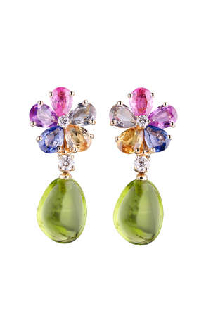 Серьги Bvlgari Multicolor Sapphire Peridot Diamond Gold Flower Drop Earrings (20418)