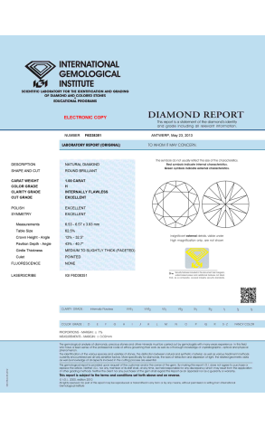 Кольцо HRD Antwerp Бриллиант 1,00 ct H/IF IGI Antwerp (36304) №2