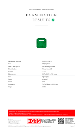 Кольцо GRS Gemresearch Swisslab 6,52 ct Natural Green Octagonal Emerald Zambia (40269) №2